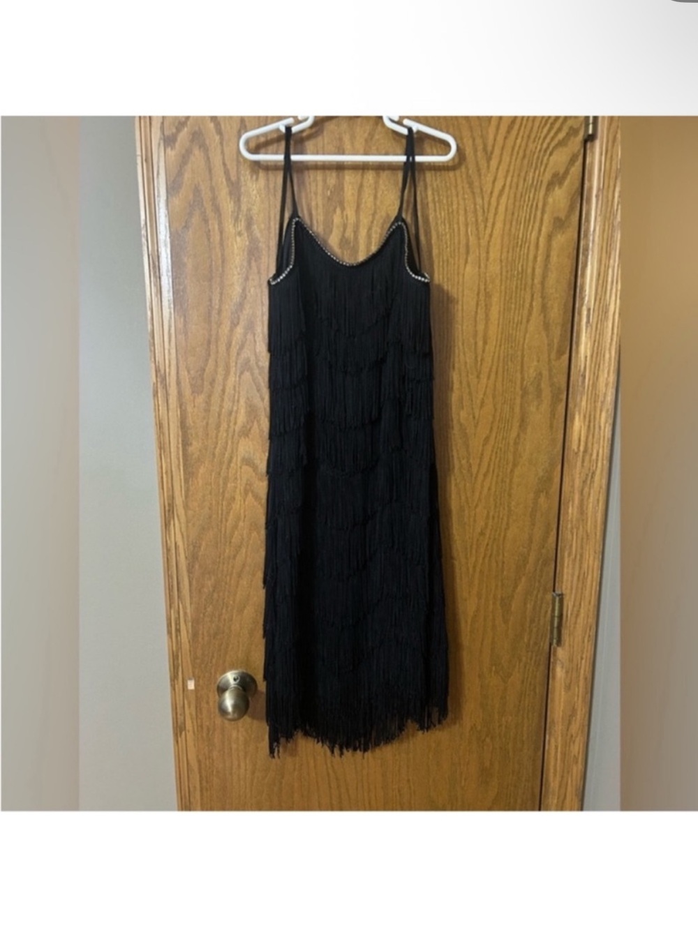 Vintage Black Fringe Midi Dress with Beaded Neckline